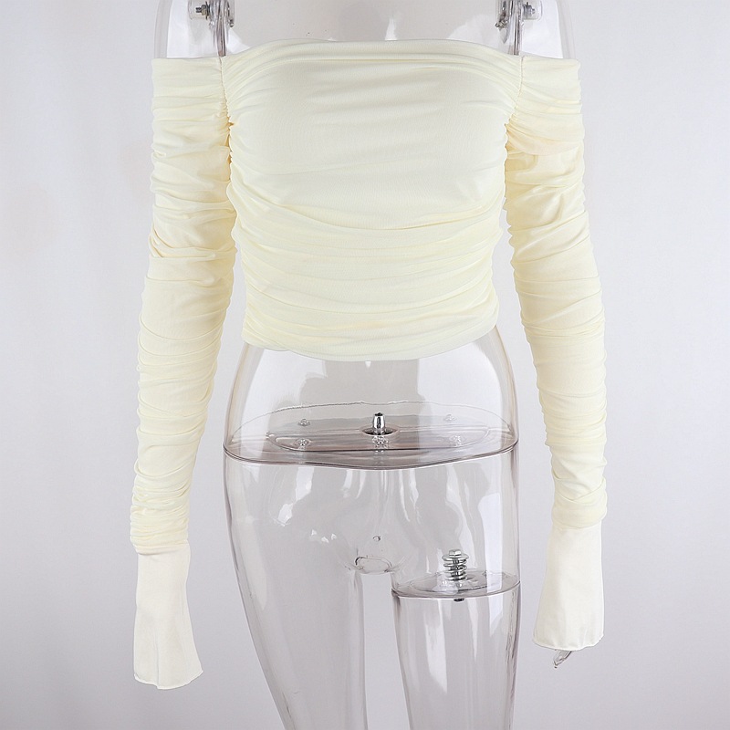 DUNEA Áo thun tay dài trễ vai phối lưới xếp ly thời trang dành cho nữ