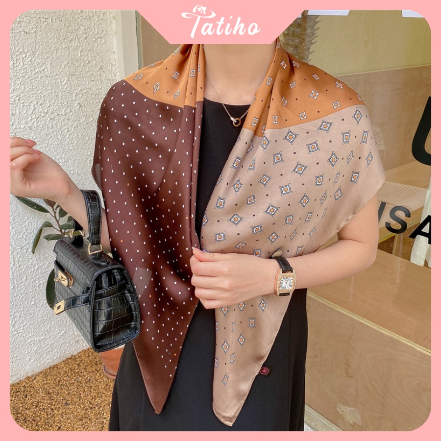 Khăn Lụa Vuông Turban Cao Cấp Họa Tiết Hình Học Hoa Làm Áo Quàng Cổ - Chất Liệu Silk - 90x90cm - Tatiho - Mã KL054