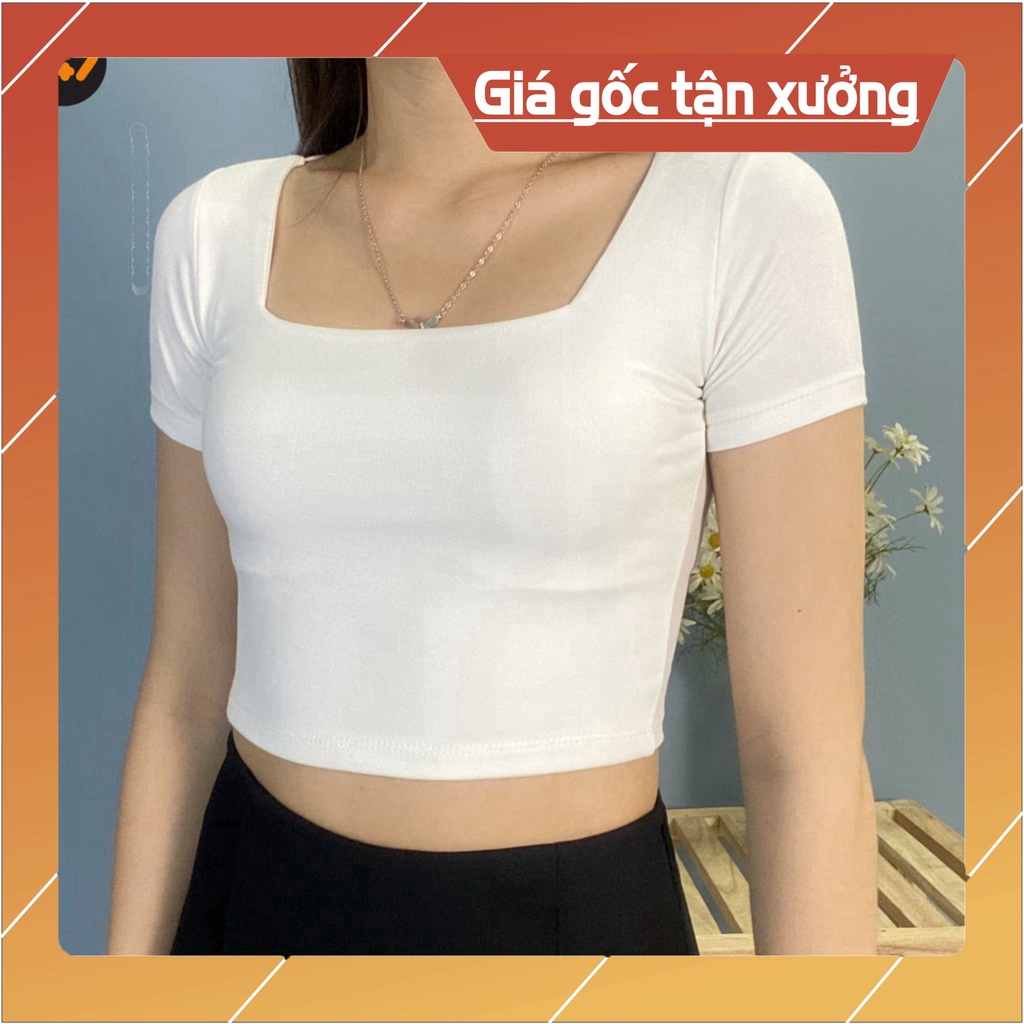 Áo Croptop Cổ Vuông Cộc Tay Nữ - Thun trơn body dáng ôm, phông ngắn sexy màu TRẮNG | ĐEN Ulzzang .