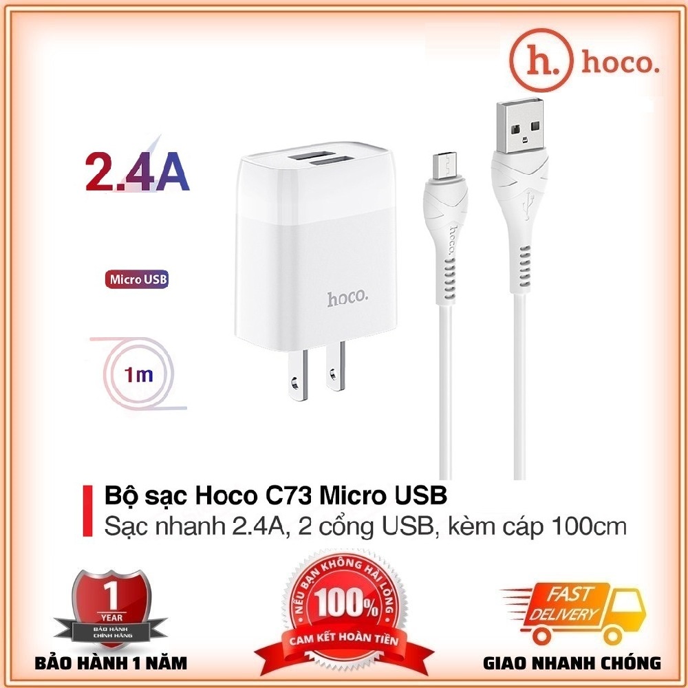 Bộ Củ Cáp Sạc Samsung Android Micro USB Hoco C73 Hàng Chính Hãng Bảo Hành 1 năm