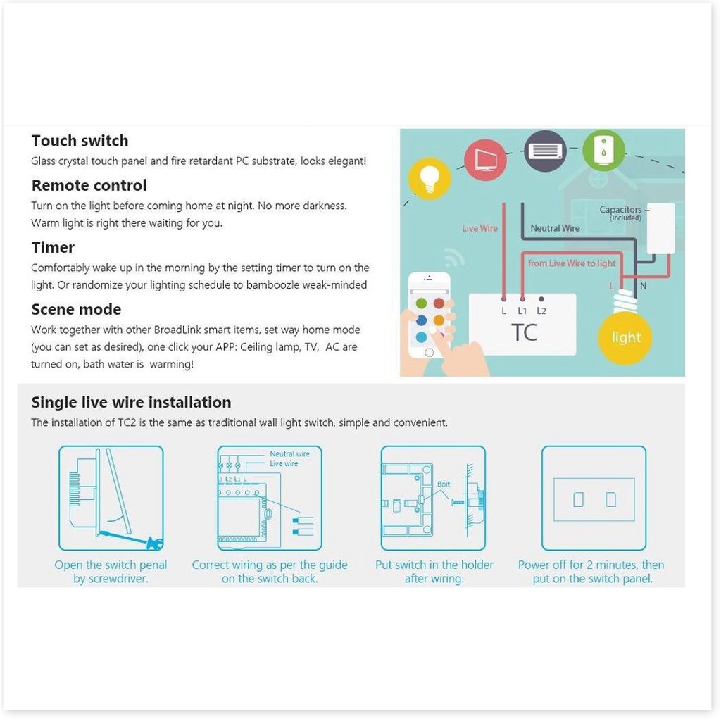 Công tắc cảm ứng, điều khiển từ xa Broadlink TC2 chuẩn US 3 Gang