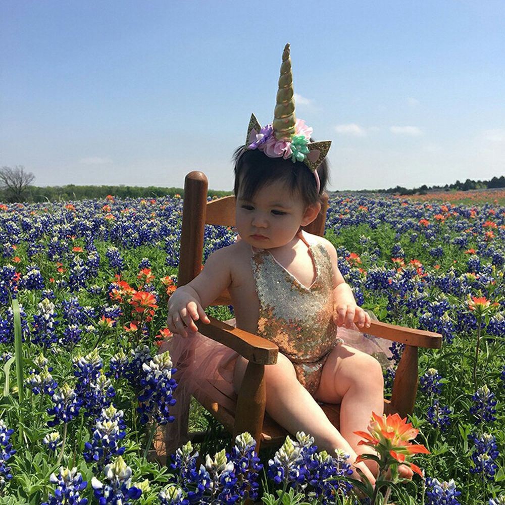 Băng đô cài tóc gắn sừng kỳ lân đính kim tuyến long lanh