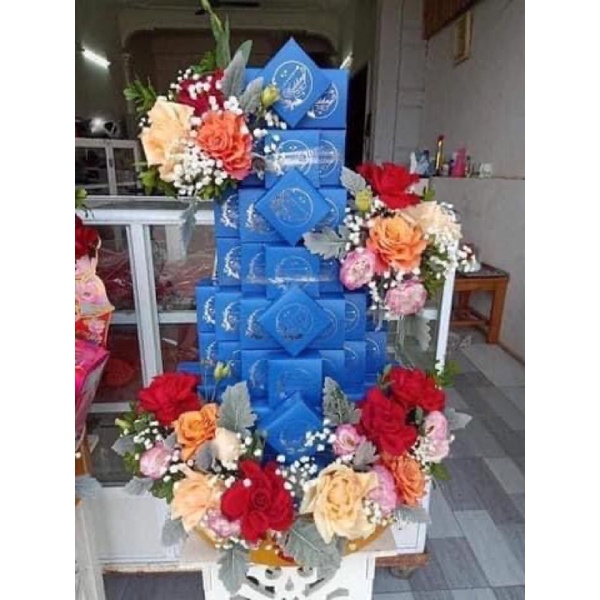 Com bo 100 vỏ hộp bánh phu thê mầu xanh nam in chữ Wedding