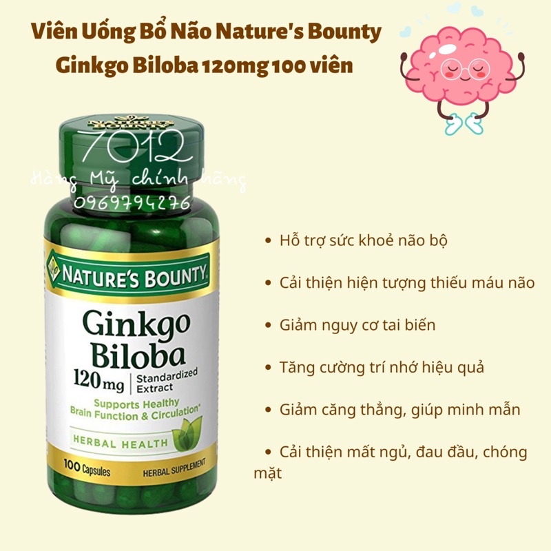 Viên uống bổ não Nature's Bounty Ginkgo Biloba hoạt huyết dưỡng não 120mg 100 viên