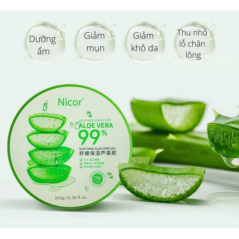 Gel nha đam lô hội Nicor Aloe Vera 99% 300ml dưỡng ẩm phục hồi da cháy nắng, se khít lỗ chân lông mặt nạ ngủ