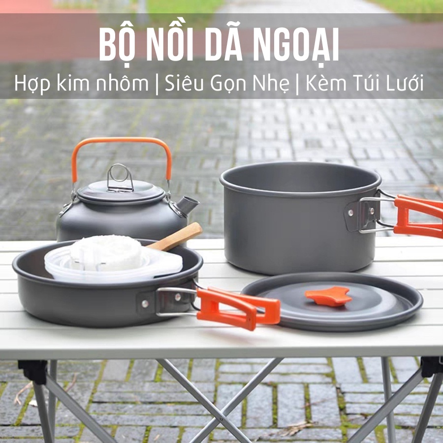 Bộ Nồi Dã Ngoại Nồi Ấm Cắm Trại 3 Món Bằng Nhôm Siêu Nhẹ Gồm Chảo Nồi Và Ấm Đun Nước Có Thể Gấp Gọn