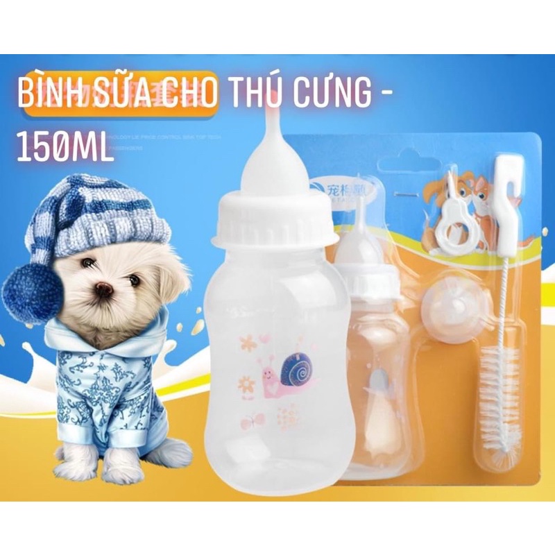 BỘ BÌNH SỮA CHO CHÓ MÈO PET THÚ CƯNG Loại 150ml Chất liệu nhựa an toàn Gồm 2 núm Kèm cây rửa tiện lợi