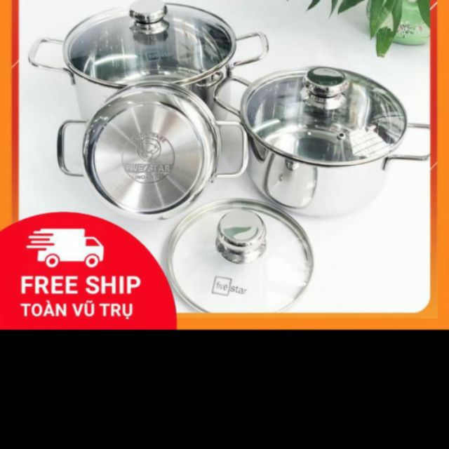 Bộ Nồi 3 Đáy Inox 430 Fivestar Bếp Từ Nắp Kính Đủ Kích Thước
