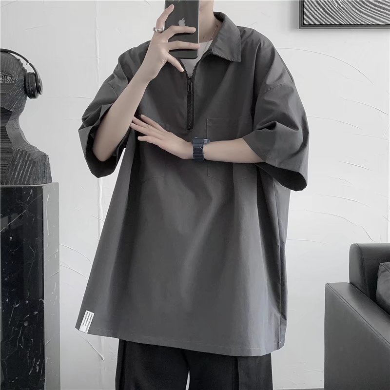 ♞AFF LIGA♞ Áo Thun Polo Màu Trơn Tay Ngắn Thời Trang Phong Cách Harajuku Cho Nam