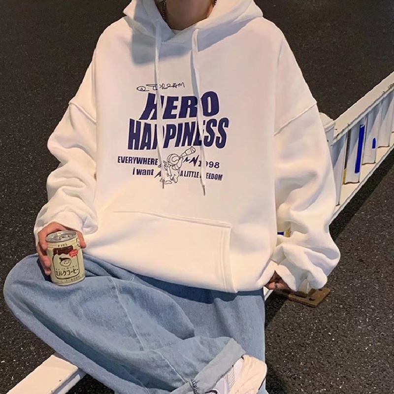 Áo hoodie tay dài dáng rộng in chữ phong cách Nhật Bản thời trang mùa đông cho nam size M-3XL