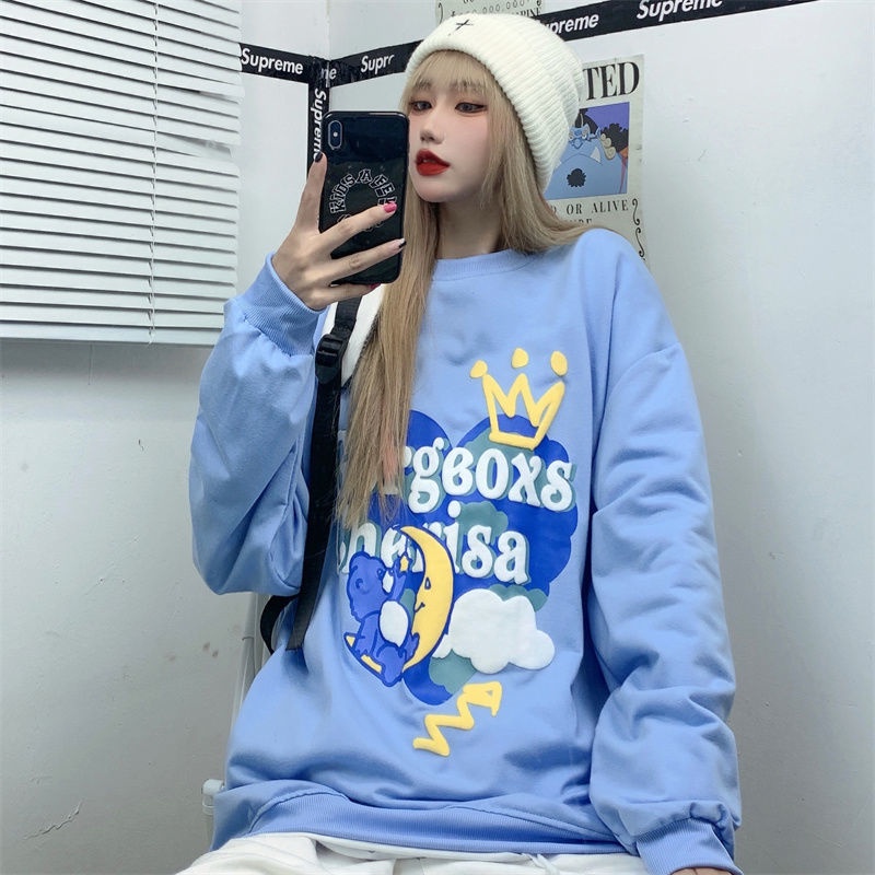 ZHELIHANGFEI Áo Sweater Dáng Rộng In Họa Tiết Hoạt Hình Xinh Xắn Dễ