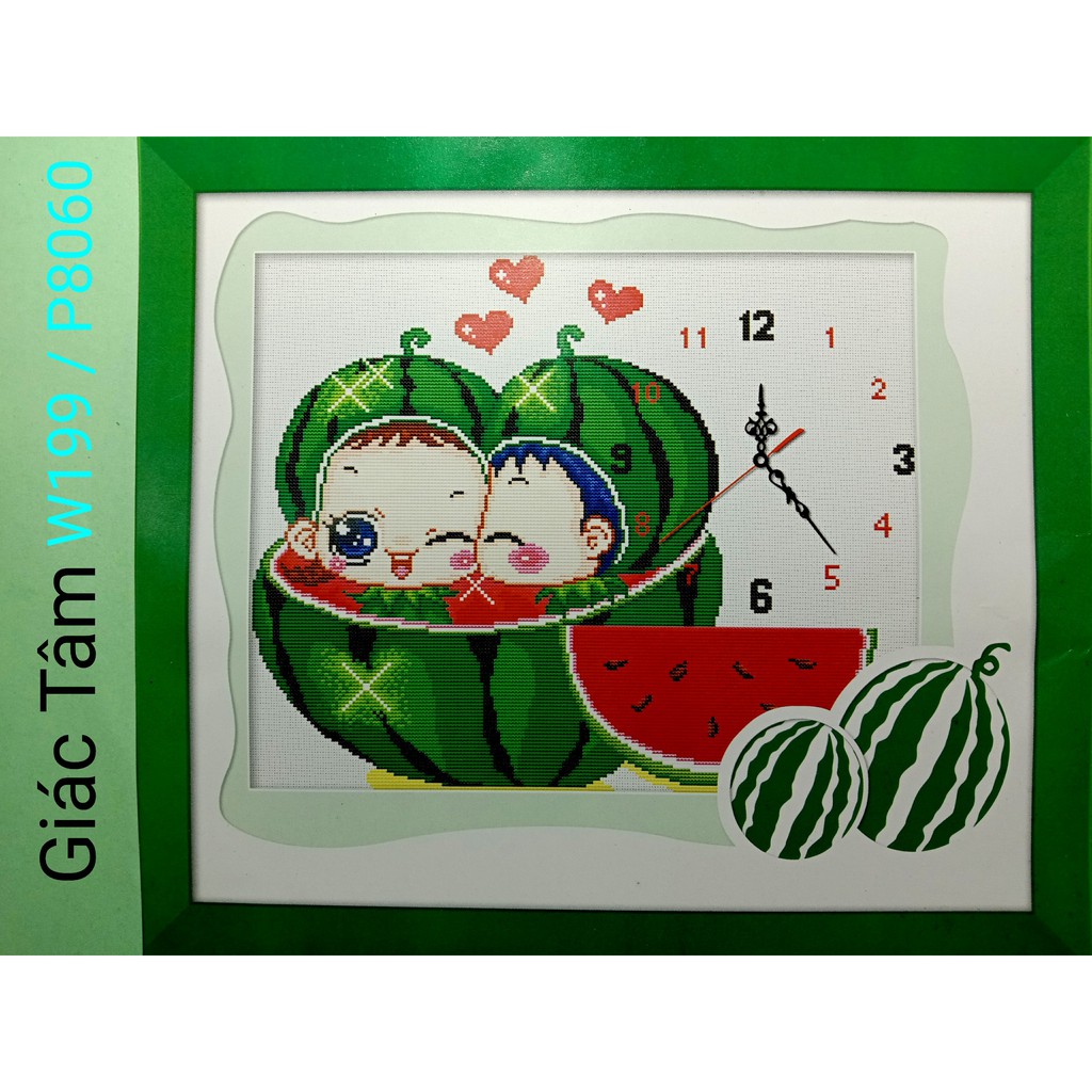 Tranh thêu ĐỒNG HỒ TẾT DƯA HẤU TRẺ EM TRÁI TIM TÌNH YÊU - 54x46cm - W199 P8060 - tranh thêu chữ thập đã thêu