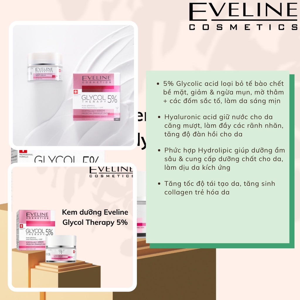 Kem Dưỡng Eveline Glycol Therapy 5% Anti Wrinkle Correcting Cream 50ml Trẻ Hoá Phục Hồi Da Với 5% Glycolic Acid