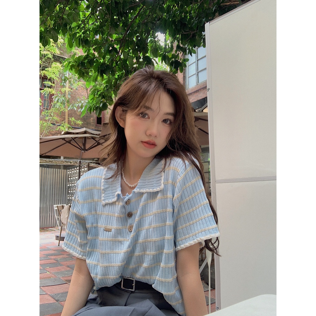Xiaozhainv Áo polo Tay Ngắn Dáng Rộng Họa Tiết Kẻ Sọc Thời Trang Mùa Hè Phong Cách Hàn Quốc Cho Nữ