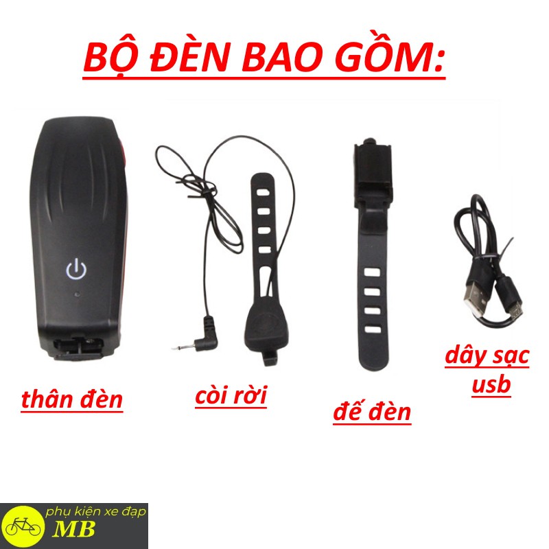 Đèn xe đạp, đèn led xe đạp siêu sáng cảm ứng kiêm còi xe đạp 2in1 sạc USB