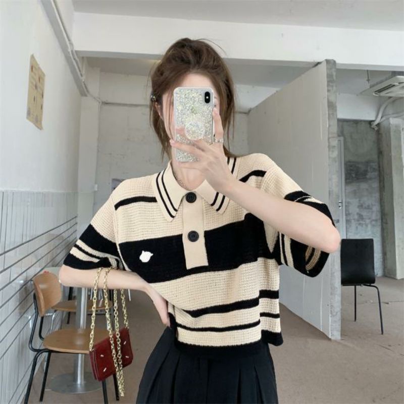 Áo Polo Len Mỏng Tay Ngắn Kẻ Ngang Phong Cách Hàn Quốc ❤️