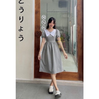 ĐẦM MIDI PHỐI CỔ ĐÍNH NÚT NHÚNG VÁY
