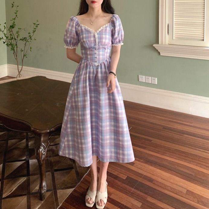 Purple Plaid Lace Temperament Dress French Retro High Waist Show Plaid Dress Mid-length Elegant Dress | BigBuy360 - bigbuy360.vn