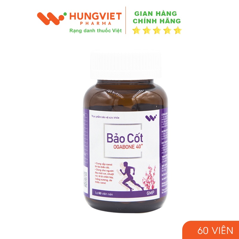 Viên uống canxi từ tảo biển đỏ Bảo Cốt OGABONE 40+ Giảm nguy cơ loãng xương, bổ sung canxi HungViet Pharma Lọ 60 viên