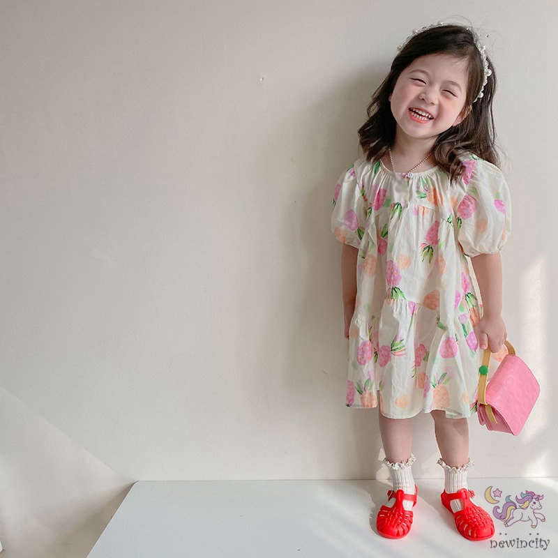 Đầm Công Chúa Tay Phồng In Hoa Dễ Thương Phong Cách Hàn Quốc Cho Bé Gái