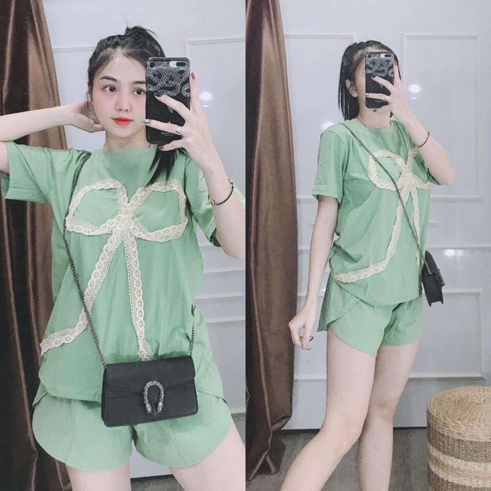 Set Đồ Bộ Đùi Phối Nơ Chất Liệu Thun Cotton