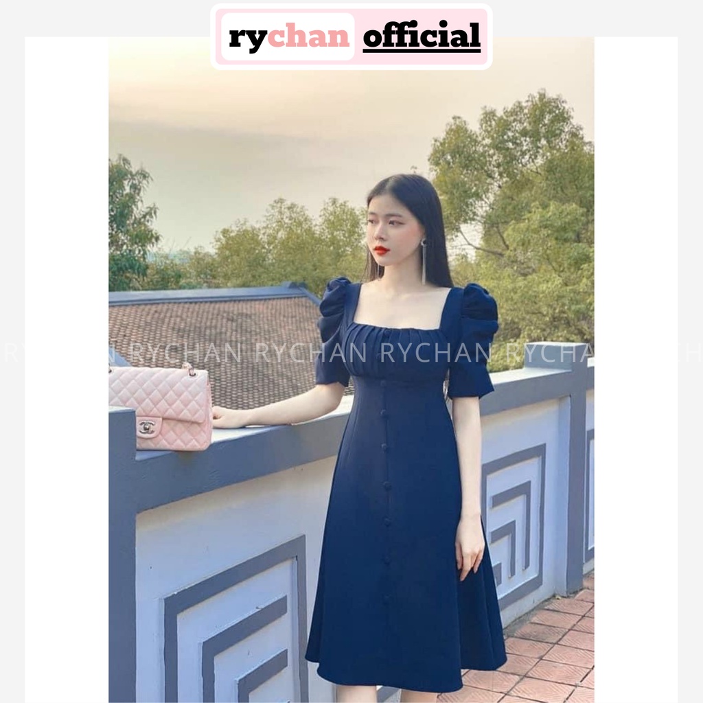 Đầm Xòe Midi Cổ Vuông Nút Bọc Tay Phồng 2 Màu [Ảnh Thật Cuối] - DX9997