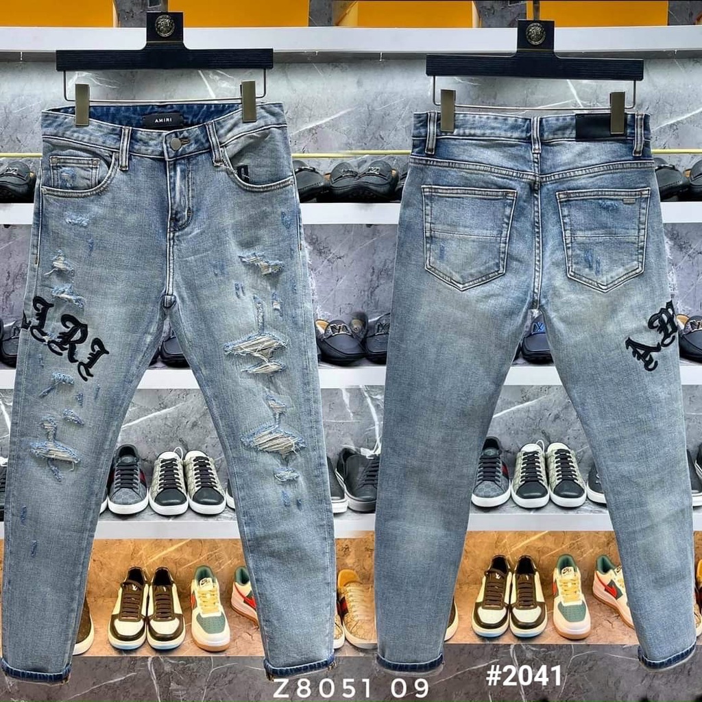 Quần jean nam màu xám rách kiểu thêu chữ_Quần bò nam nam rách kiểu ms 2041 hàng hot