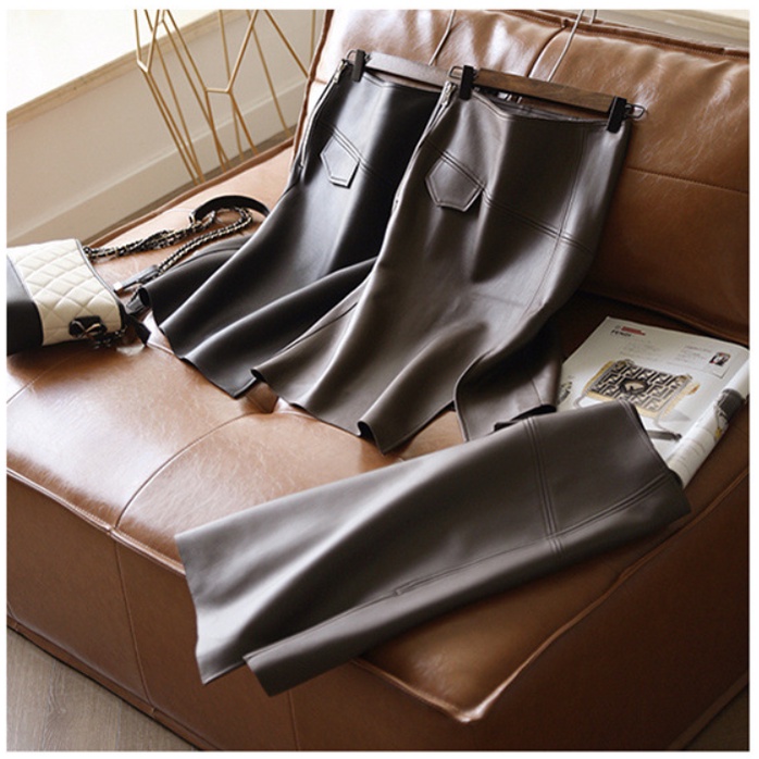 Chân váy da PU màu nâu mix khóa kéo
