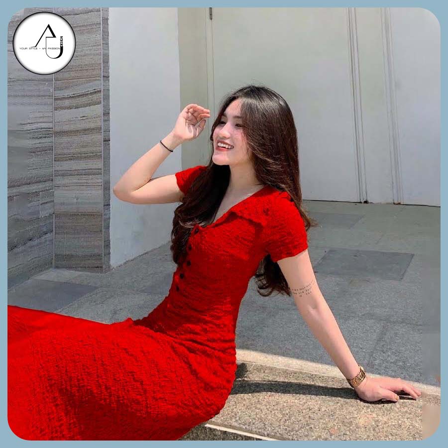 Đầm Midi Body V AU.DESIGN Thiết Kế Cổ Áo Sơ Mi Ôm Sát Cơ Thể Chất Liệu Vải Xốp Co Giãn Freesize