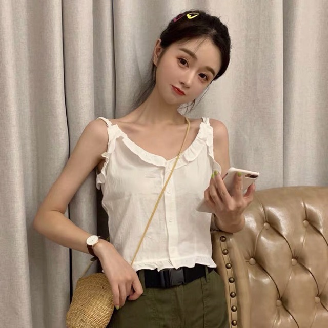 Áo hai dây thô viền bèo nhún Hàng Quảng Châu