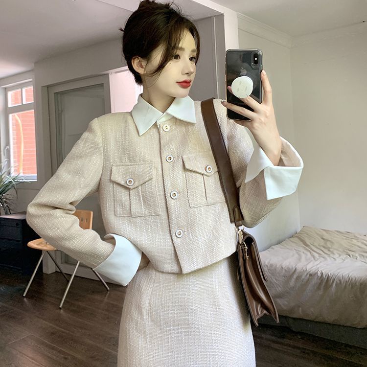 Set Áo Khoác Tay Dài + Chân Váy Xẻ Tà Thời Trang Mùa Thu 2022 Cho Nữ