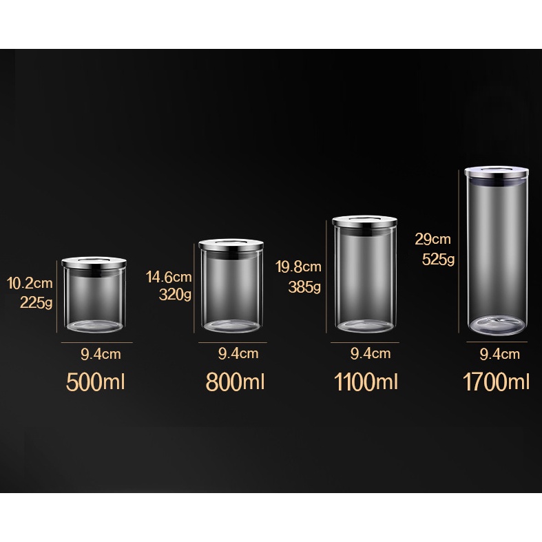 Hũ thủy tinh nắp inox vặn nhấn cao cấp đựng thực phẩm hạt ngũ cốc gia vị chịu nhiệt 500ml 1100ml 1700ml