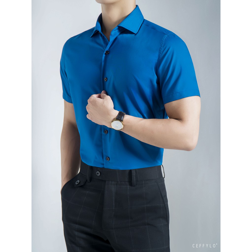 Sơ mi nam cộc tay trơn Xanh Dương cao cấp CEFFYLO chất Cotton Lụa mềm co giãn nhẹ