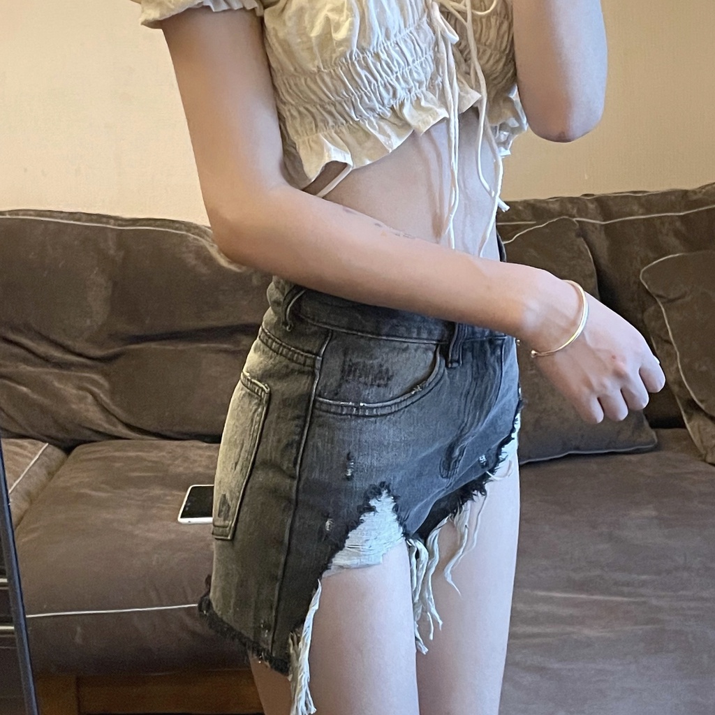 Kumikumi HUANG YOYO Quần Short Jeans Rách Viền Rách Thời Trang Cho Nữ
