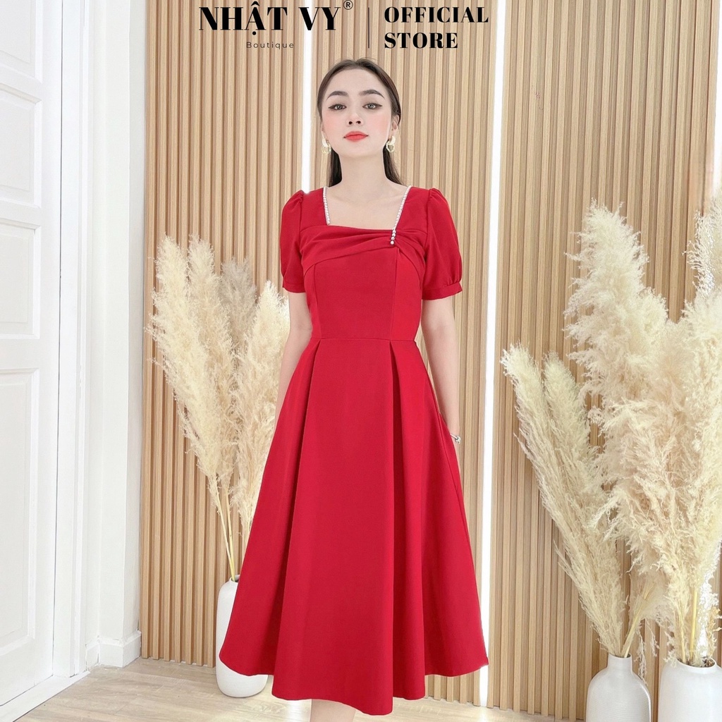 Váy Đi Tiệc NHẬT VY Nhún Ngực Cổ Vuông Tay Phồng Dáng Xoè Chất Cotton Màu Đen , Xanh , Đỏ - D2408