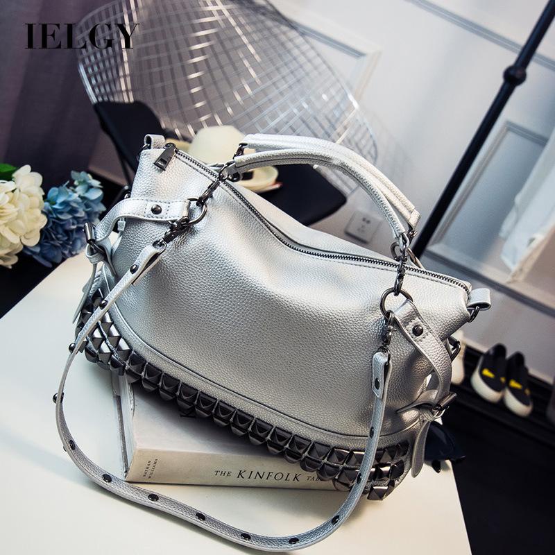 IELGY Punk Ladies Lychee Pattern Fashion Large Capacity Rivet Shoulder Bag