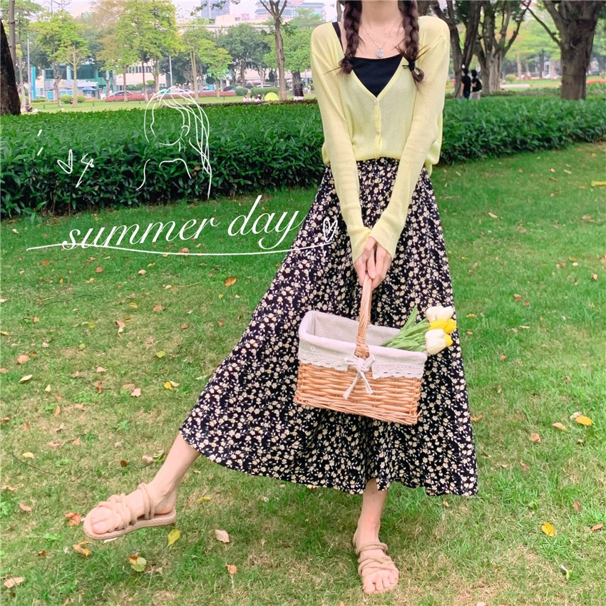 Chân Váy Midi Lưng Cao Dáng Chữ A Hoạ Tiết Hoa Phong Cách Retro | BigBuy360 - bigbuy360.vn
