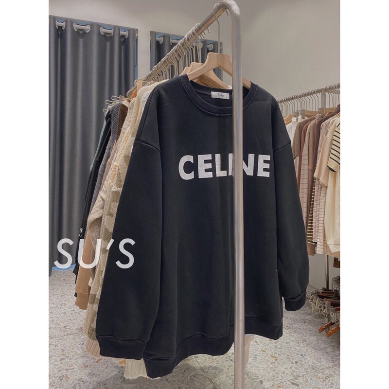 áo sweater nỉ bông CELIN siêu hot, áo dài tay cổ tròn nỉ màu nâu màu trăng màu đen