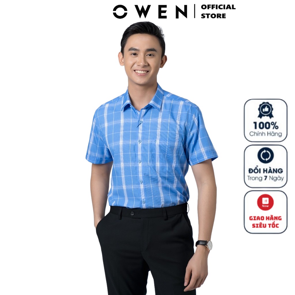 Áo Sơ Mi Nam Ngắn Tay OWEN BA220033NT Somi Công Sở Cao Cấp Màu Trắng xanh Caro Vải Sợi Tre Dáng Body Fit Tà Bằng Có Túi