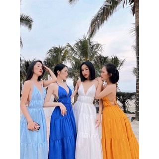 Đầm maxi đũi 2 dây hở lưng / Xanh biển, xanh dương, trắng, vàng bò / Maxi đi biển