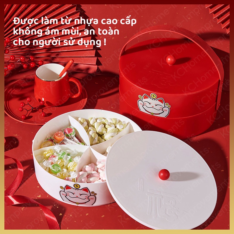 Khay Mứt Tết Đựng Bánh Kẹo 2 Tầng, Mèo Thần Tài May Mắn, Có Quai Tiện Lợi, KC Home