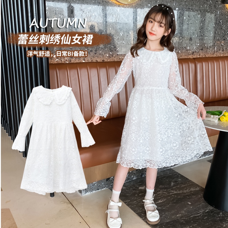 Đầm Cổ Búp Bê Thêu Ren Xinh Xắn Cho Bé Gái 4 5 6 7 8 9 10 11 12 13 14 Tuổi