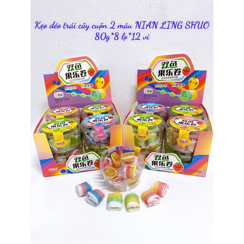 [ Kẹo tuổi thơ ] Combo 3 hộp Kẹo cuộn trái cây 7 sắc cầu vồng siêu dài mềm ăn vặt đã nghiền hộp 80g