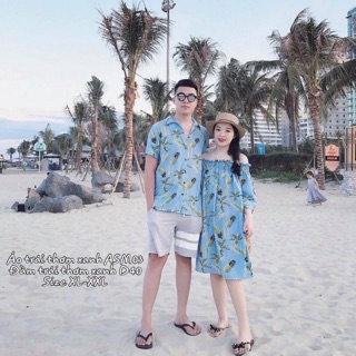 Bigsize Set đầm + áo sơ mi trái thơm xanh