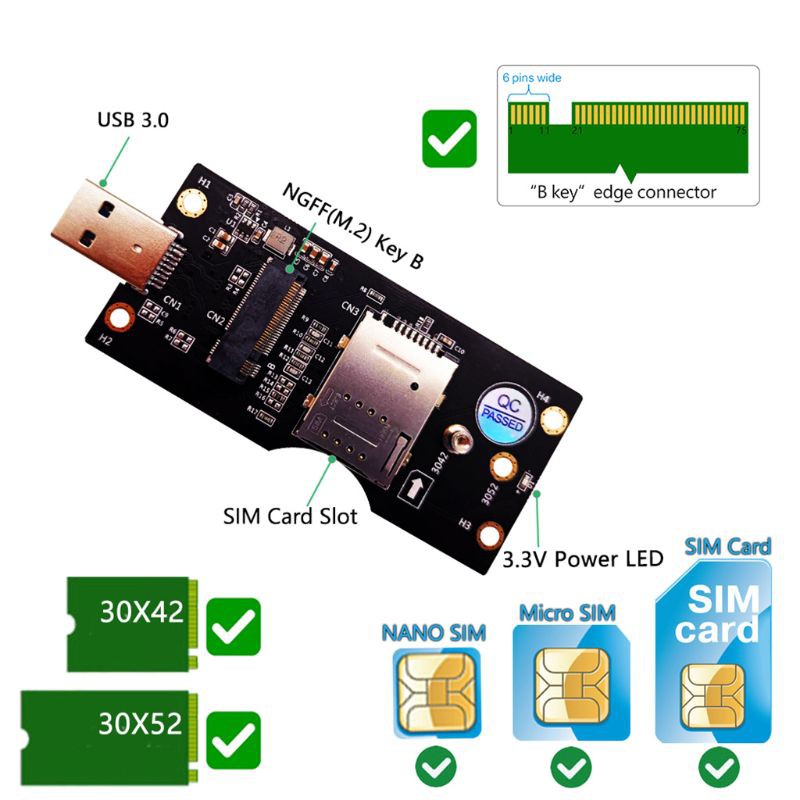 Bộ Chuyển Đổi Thẻ Sim Nano Ngff M.2 Sang Usb 3.0 Cho Mô Đun 3g / 4g / 5g