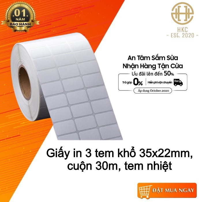 Giấy In Mã Vạch 3 Tem 35x22 mm In Nhiệt (Cuộn 30 Mét)