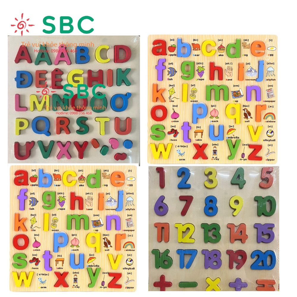 Đồ chơi giáo dục Bảng chữ gỗ nổi Tiếng Anh, Tiếng Việt chữ hoa chữ thường và bảng số 30x30cm cho bé