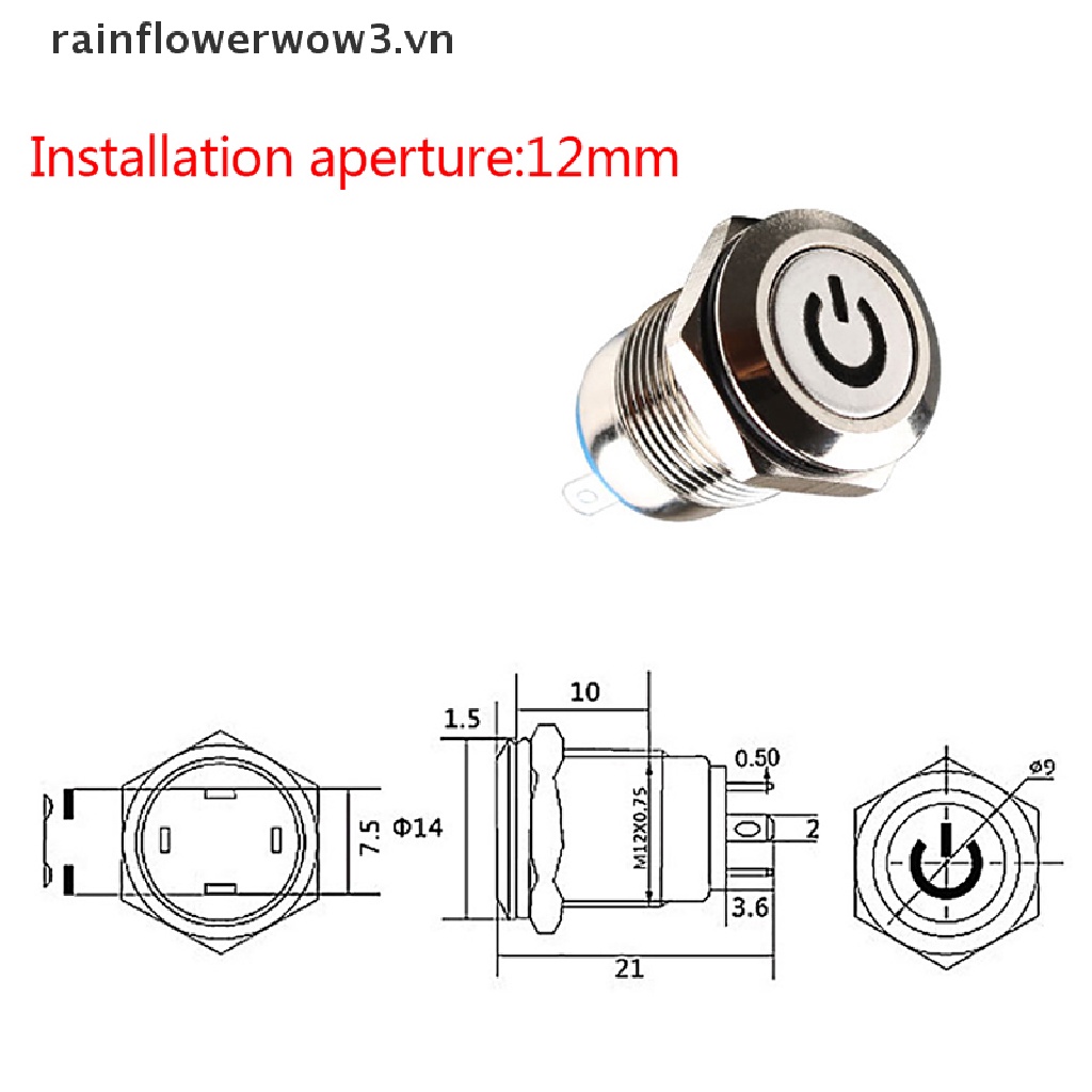 Công Tắc Điện 12mm 12V Chống Thấm Nước Màu Đen Có Đèn LED