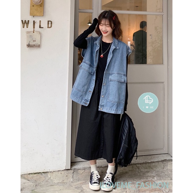 |Size L đến 5XL| Áo Jeans Gile Denim Unisex Form rộng phong cách Hàn Quốc xanh bạc, áo khoác jeani