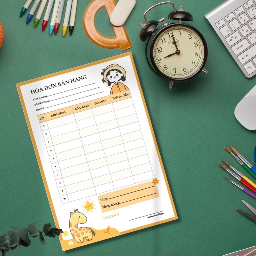 50 tờ hóa đơn bán hàng, Hoá đơn bán lẻ giấy photo hoạt ảnh mẫukhủng long vàng size 21x14.5cm